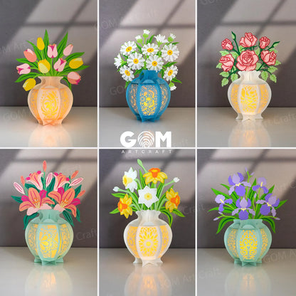 Set 6 Vase Flower Lantern Template SVG, Tulip Lantern, Rose Lantern, Chrysanthemum Lantern, Daffodils Lantern, Iris Lantern, Lilies Lantern